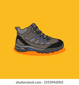 Detailed illustration of a gray hiking boot with black and blue accents, rugged sole, high ankle collar, and multiple eyelets for laces, on a yellow background.