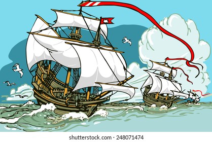 Detailed illustration of the Great Discoveries - Three Galleons Sailing