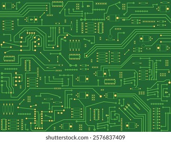 A detailed illustration of a green circuit board, showcasing complex technological circuitry.