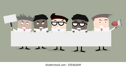 detailed illustration of a group of businessmen holding a large banner and protesting signs, eps10 vector