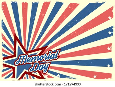 detailed illustration of a grungy stars and stripes backbround with Memorial Day text, eps 10 vector