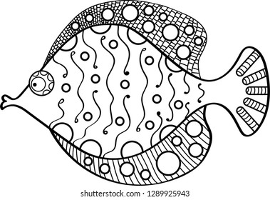 Detailed illustration, hand drawn composition doodle style. Linear illustration of a fish.