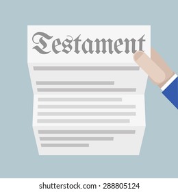 detailed illustration of a hand holding a sheet of paper with Testament headline, eps10 vector