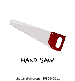 Detailed illustration of hand saw. Simple vector tool for repair isolated on white background.