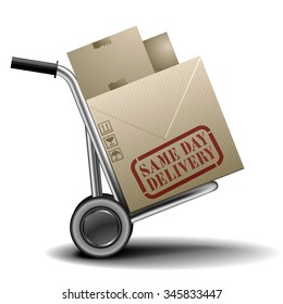 detailed illustration of a handtruck or trolley with cardboxes with Same Day Delivery label on them, eps 10 vector
