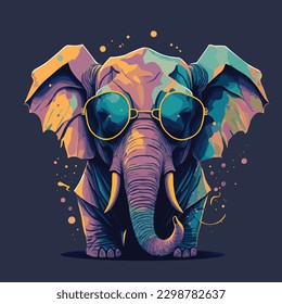 A detailed illustration a head of elephant wearing trendy sunglasses, t-shirt design, splash, t-shirt design.