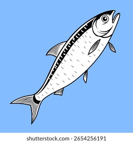 Detailed illustration of a herring fish with sleek fins and shiny scales, set against a blue background. Perfect for seafood themes and marine life designs.