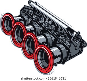 Detailed illustration of a high-performance engine intake manifold with four throttle bodies, highlighting advanced automotive engineering and racing technology in vibrant colors