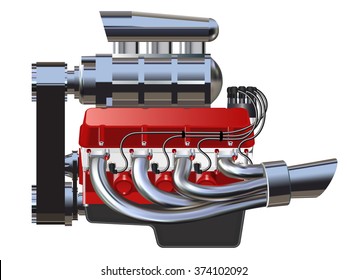 Detailed illustration of Hot Rod Engine. Vector. Isolated on white