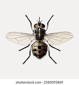 Detailed illustration of a housefly with transparent wings and striped body. The housefly's intricate patterns and delicate wings are clearly visible. Vintage animal illustration vector.