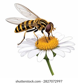 Detailed illustration of a hoverfly on a daisy flower