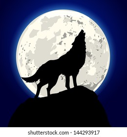 detailed illustration of a howling wolf in front of the moon, eps 10 vector