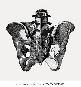 Detailed illustration of a human pelvis, showcasing the intricate structure of the pelvis bones. The pelvis is central to human anatomy and skeletal structure. Vintage medical illustration, vector.