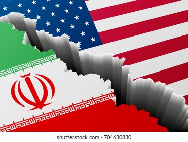 detailed illustration of the Iranian and american national Flags with a deep crack, symbol for crisis and problems, eps10 vector