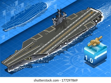 detailed illustration of a Isometric Aircraft Carrier in Navigation in Front View