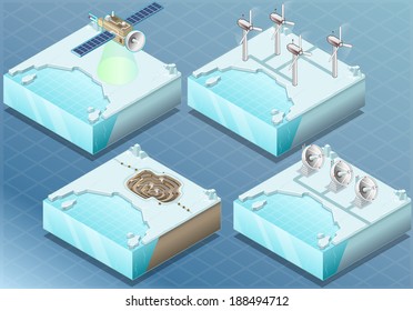 Detailed Illustration of a Isometric Arctic Satellite, Windmill, Mine, Radar