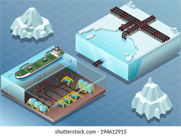 Detailed Illustration of a Isometric Arctic Subsea Farm and Tubes