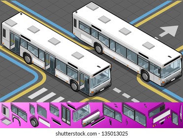 Detailed illustration of a Isometric Bus in front view and opened doors