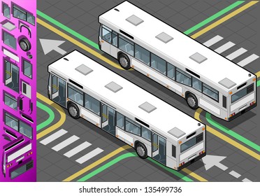 Detailed illustration of a Isometric Bus with opened doors in rear view