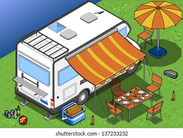 Detailed Illustration Of A Isometric Camper In Camping In Rear View