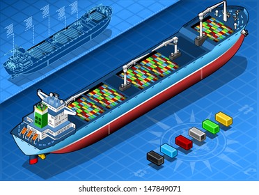 detailed illustration of a Isometric Cargo Ship with Containers Isolated in Rear View