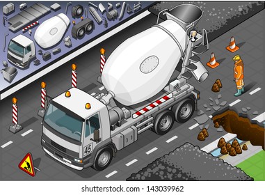 Detailed Illustration Of A Isometric Cement Mixer Truck In Front View