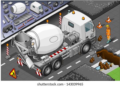 Detailed Illustration Of A Isometric Cement Mixer Truck In Rear View