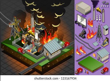Detailed illustration of a isometric disaster of coal plant fire