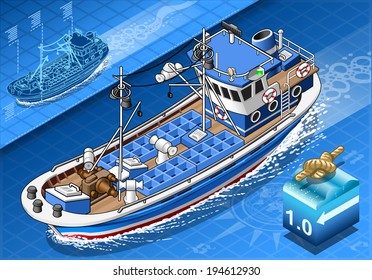 Detailed Illustration of a Isometric Fishing Boat in Navigation in Front View