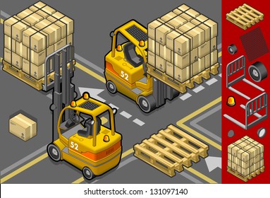 detailed illustration of a isometric forklift in two different positions with some trans-pallets and packages