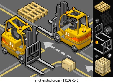 detailed illustration of a isometric forklift in two different positions with some trans-pallets and packages