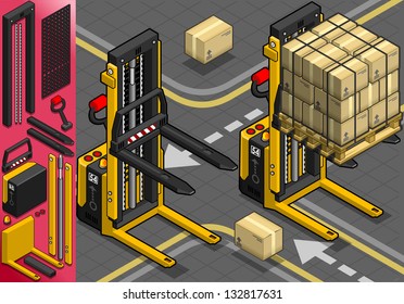 Detailed illustration of a Isometric Forklift in Two Positions in Front View