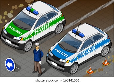 Detailed illustration of a Isometric German Police Car and Standing Policeman