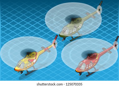 Detailed illustration of a Isometric Helicopters Flying in Three Livery Rescue and Military