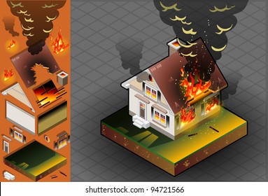 Detailed Illustration Of A Isometric House On Fire