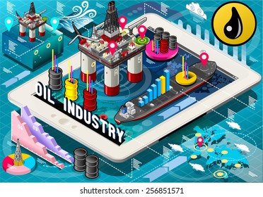 Detailed illustration of a Isometric Infographic Rig Energy Set on Tablet. Icon. 