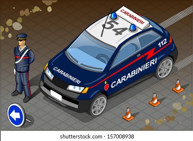 Detailed illustration of a Isometric Italian Carabinieri Police Car and Standing 