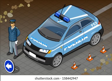 Detailed illustration of a Isometric Italian Police Car and Standing Policeman