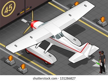 detailed illustration of a isometric landed seaplane out of hangar in rear view