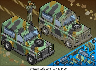 Detailed Illustration Of A Isometric Military Vehicle With Soldier In Front View