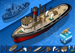Detailed Illustration Of A Isometric Old Tugboat