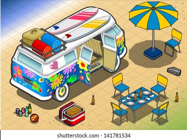 detailed illustration of a Isometric Rainbow Van in Camping in Rear View  