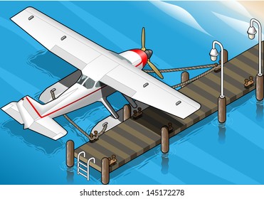 detailed illustration of a Isometric Seaplane Moored at the Pier in Rear View