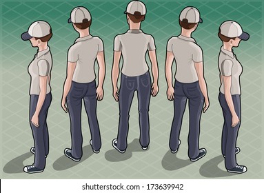 Detailed illustration of a isometric service Woman in five positions  