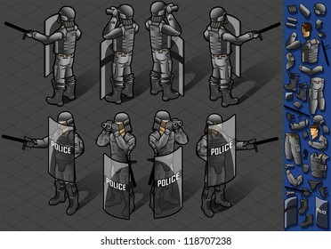 Detailed illustration of a isometric set of eight police mans standing