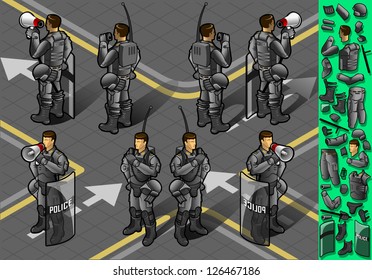 Detailed illustration of a isometric set of eight police mans standing