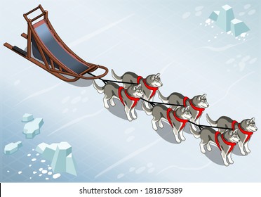 Detailed Illustration of a Isometric sled dogs in Front View on Ice