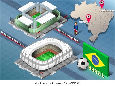 Detailed illustration of a Isometric Stadium of Cuiaba and Fortaleza, Brazil