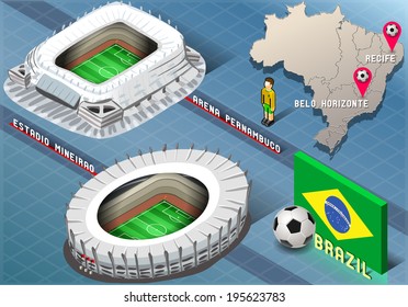 Ilustración detallada de un estadio isométrico de Recife y Belo Horizonte (Brasil)