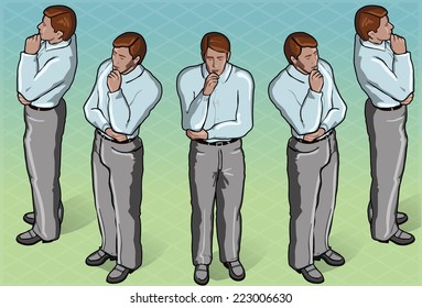 Detailed illustration of a Isometric Thoughtful Standing Man in front view